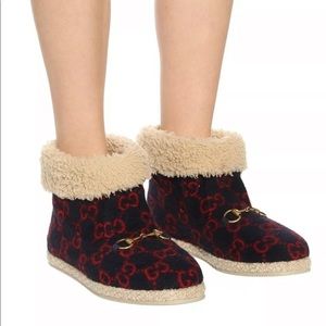 Gucci Black & Red GG Wool Shearling Cuff Ankle Booties